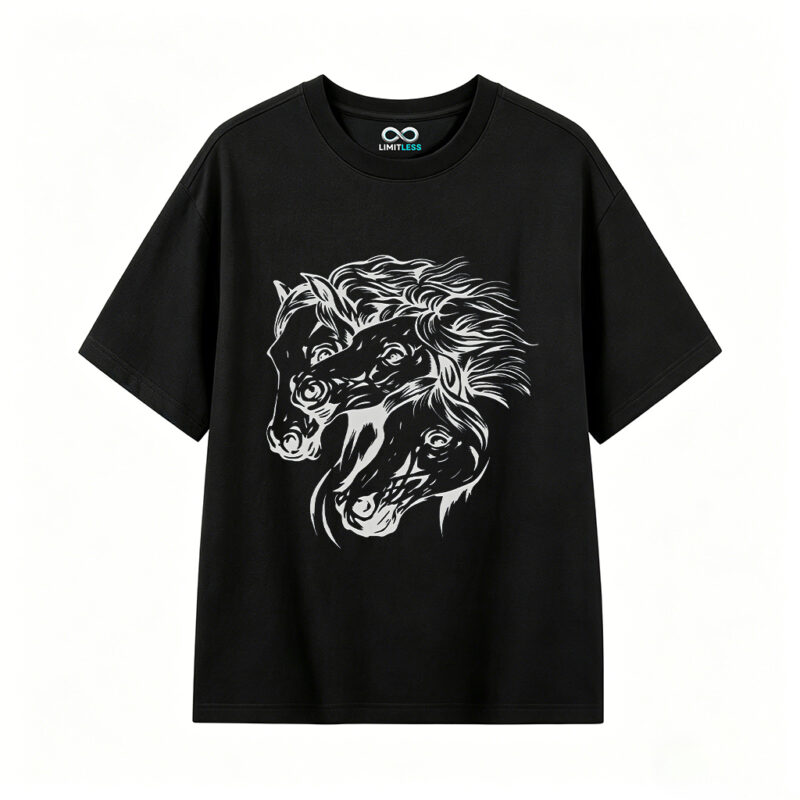 黑t正面展示 Remera Caballos en tinta artística 100% algodón