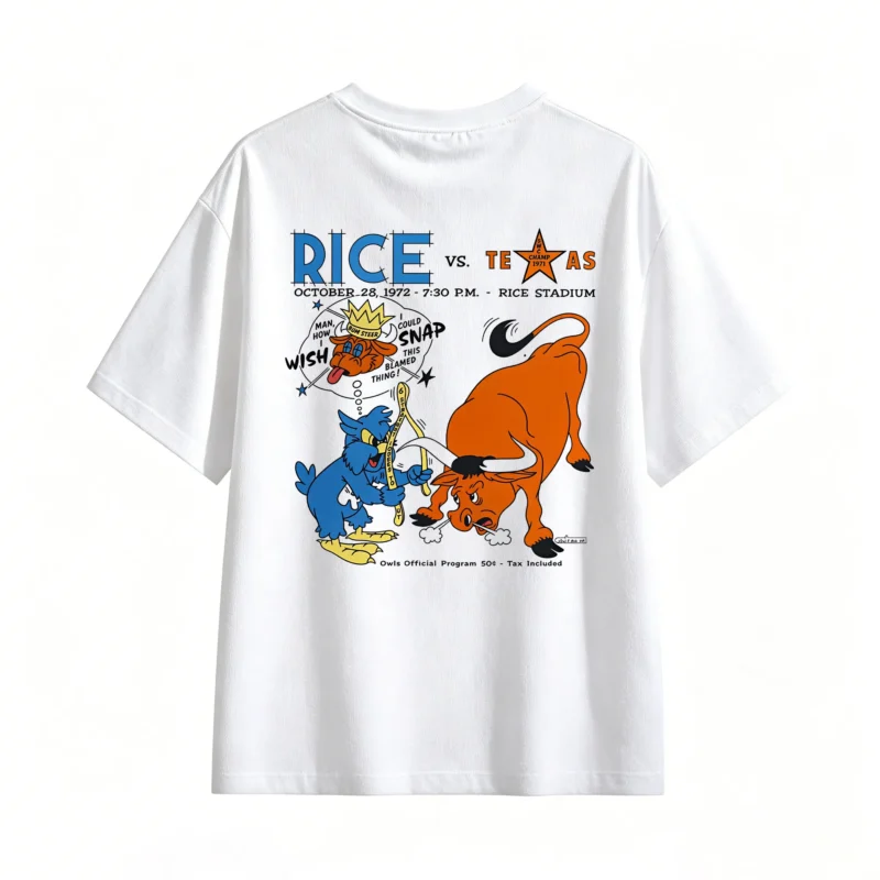 Rice SWC Champ 1971 Texas Sun Steer Dog Blue Mascot Bull Retro Cartoon Black Starry Background - Casual Crew Neck Cotton T-Shirt