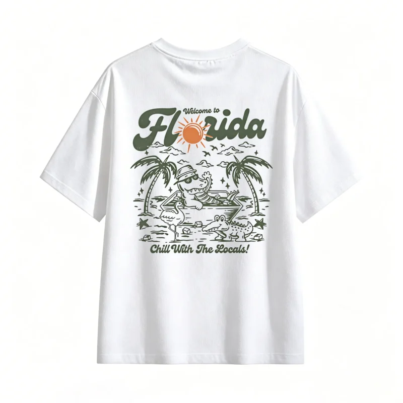 Welcome to Florida Chill With The Locals Retro Alligator Pool Party Sunburst Palm Trees Pelican Sunglasses Straw Hat Muted Green Orange Dark Background Back Print T-Shirt