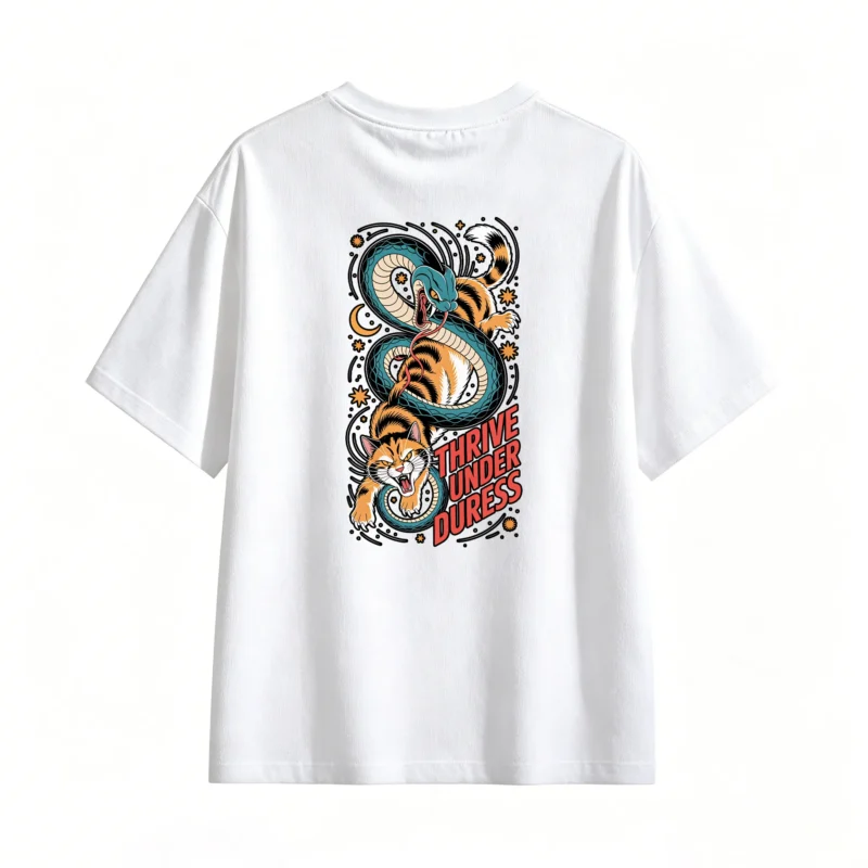 Thrive Under Duress Orange Tabby Cat vs Teal Snake Cosmic Starry Night Graphic Tee