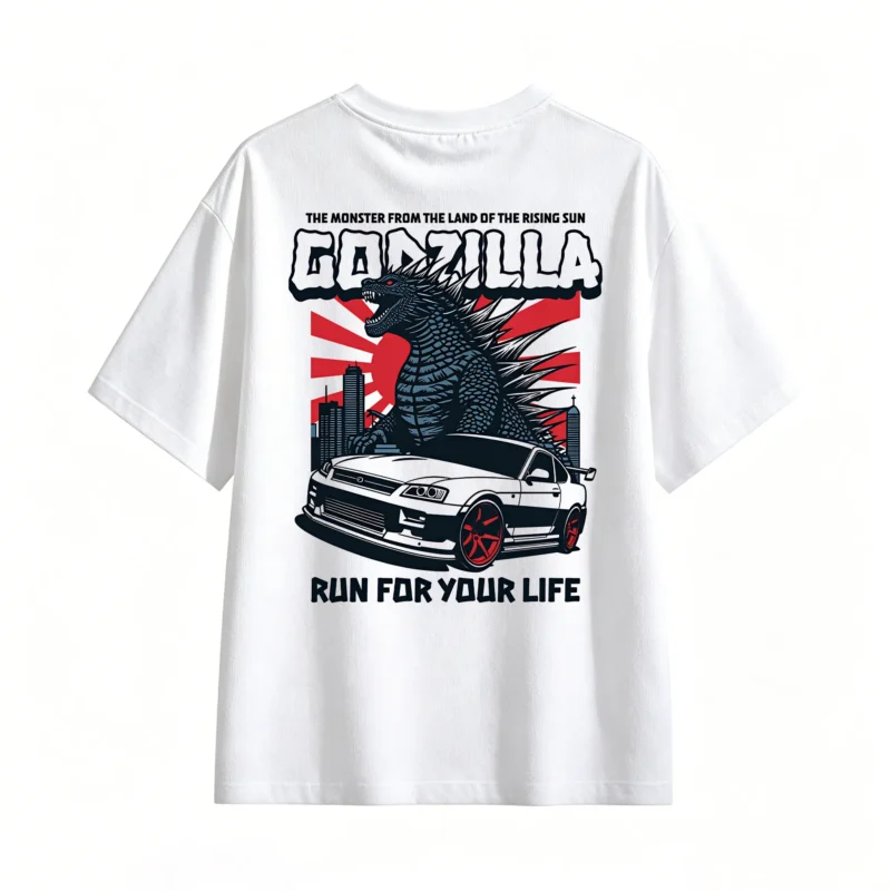 白t Godzilla Run For Your Life Graphic T-Shirt