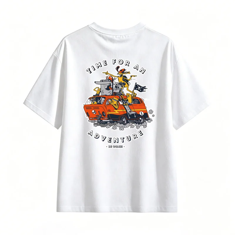 TIN Adventure Orange Van Cartoon T-Shirt - Funny Wild Road Trip Graphic Tee for Men Women