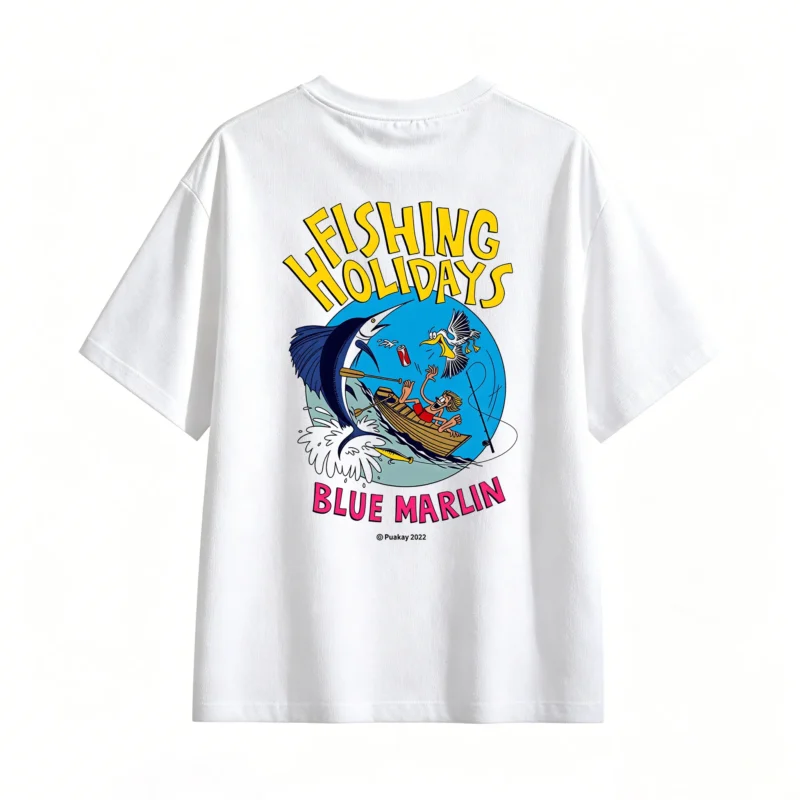 白t Fishing Holidays Blue Marlin Retro Comic Book Style Graphic Tee
