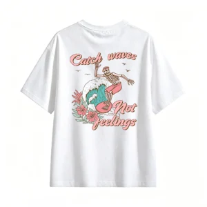Catch Waves Not Feelings Skeleton Surfer Pink Hibiscus Retro Tropical Style T-Shirt