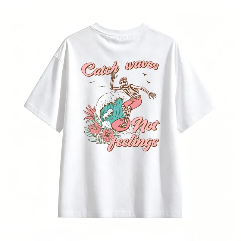 白t Catch Waves Not Feelings Skeleton Surfer Pink Hibiscus Retro Tropical Style T-Shirt