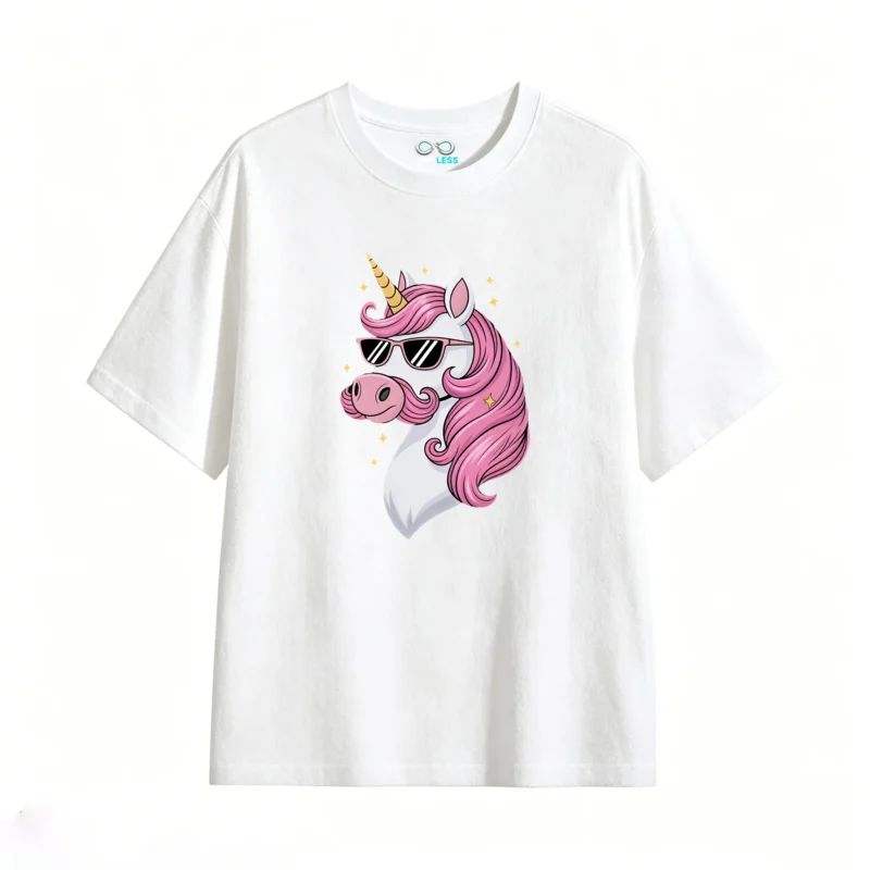 Unicorn with Pink Mane and Sunglasses - Cool Cartoon T-Shirt for Kids and Adults, Magical Yellow Stars Design