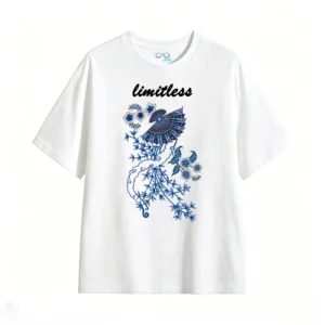 Blue Batik Peacock Tail Floral Pattern T-Shirt