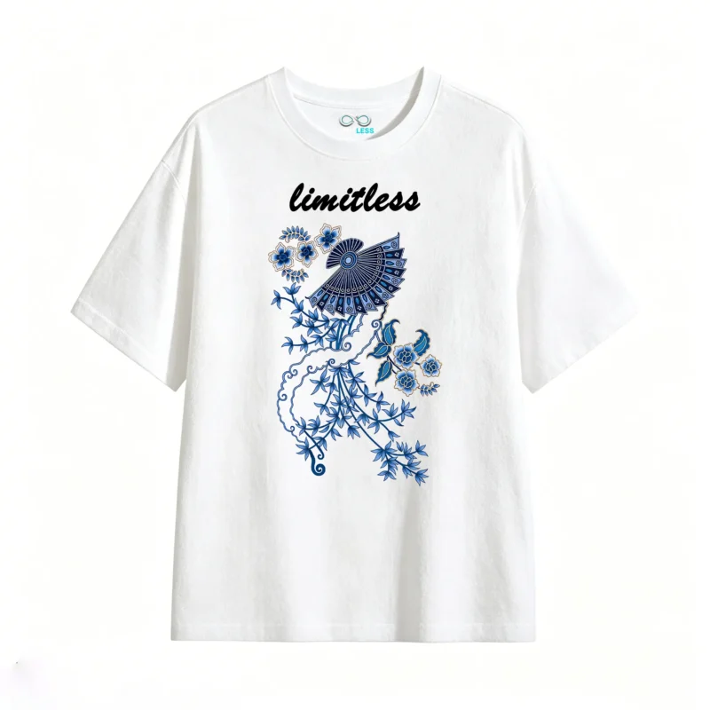 白t正 Blue Batik Peacock Tail Floral Pattern T-Shirt