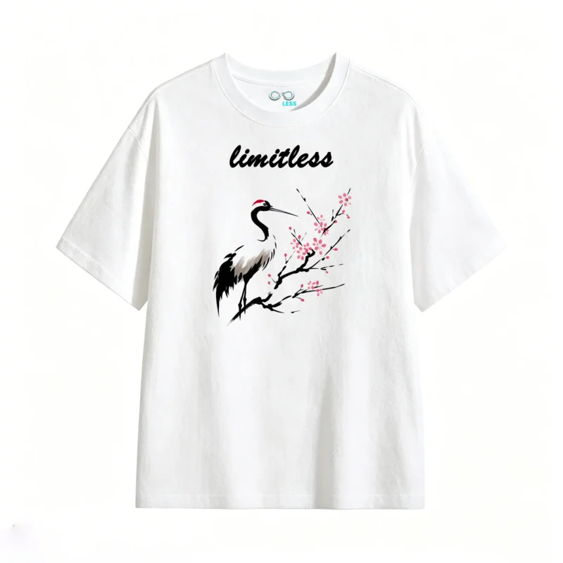 白t正 Stylized Black Bird with Red Crest and Pink Blossoms Art T-Shirt - High Contrast Graphic Tee