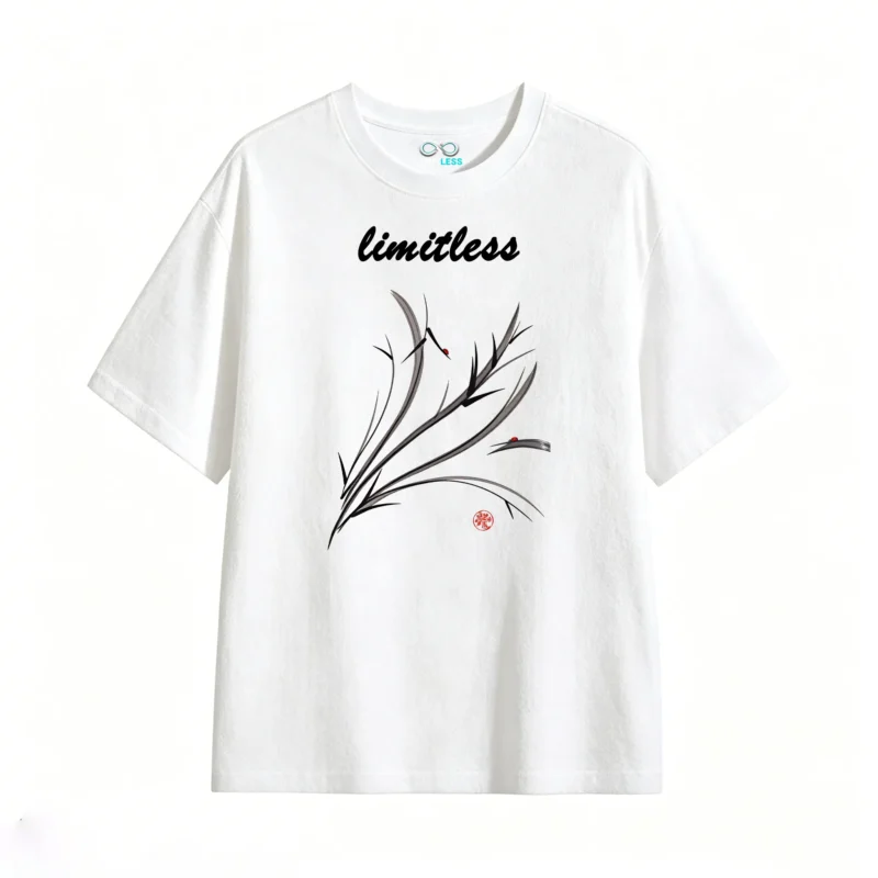 Artistic Gray Metallic Grass Leaves with Red Berries and Traditional Seal - Minimalist Elegant Nature Design T-Shirt