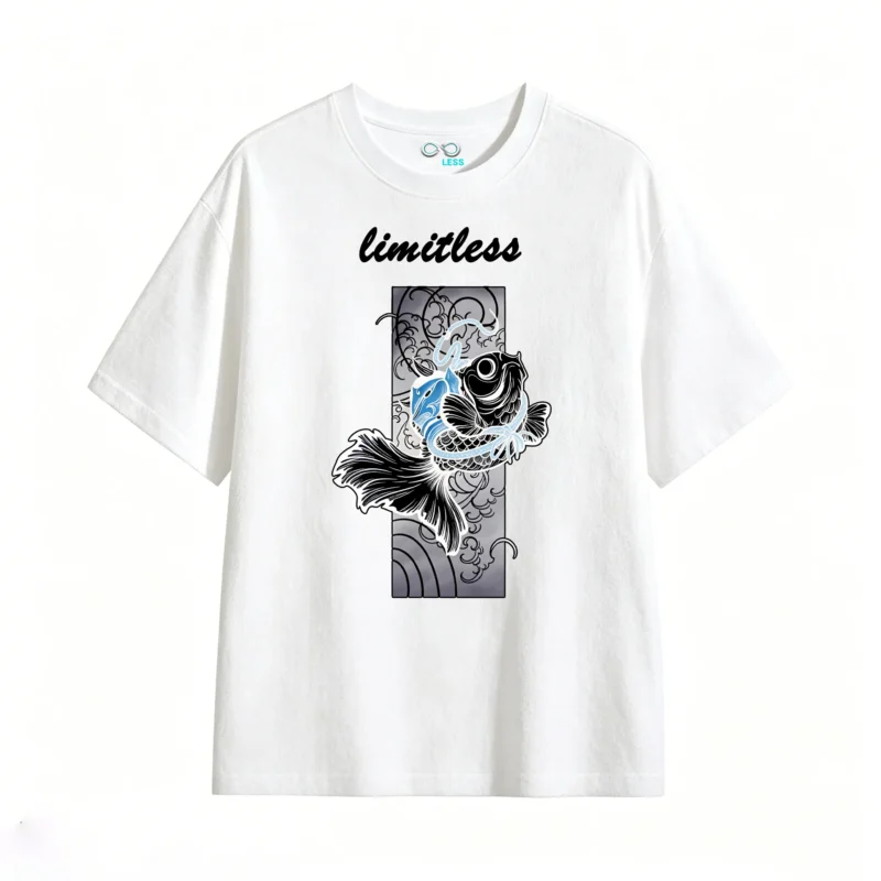 白t正 Stylized Black and White Koi Goldfish with Light Blue Accents - Modern Graphic Art T-Shirt