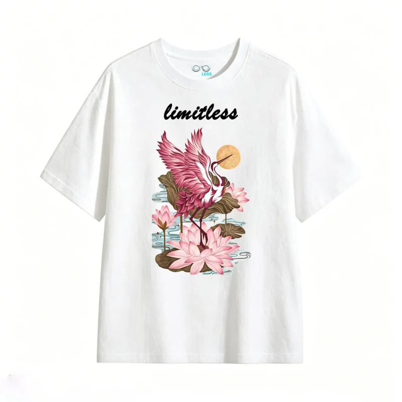 白t正 Pink Bird Lotus Flower Fantasy Moon Art T-Shirt