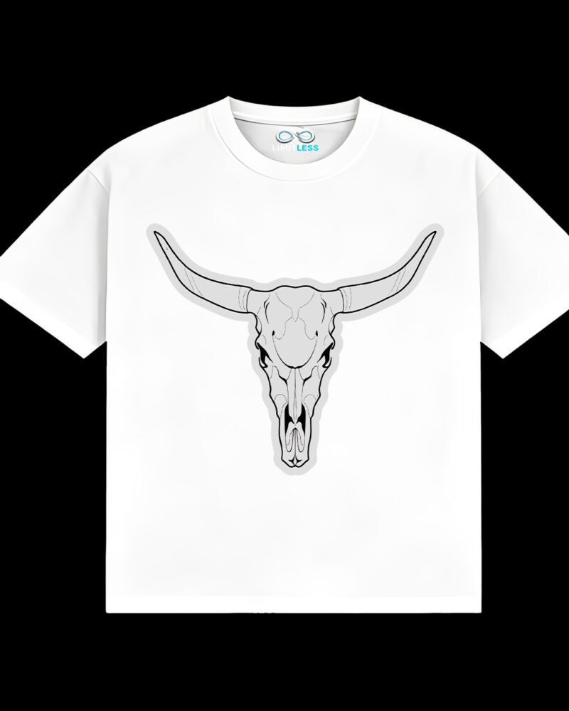 白t正面展示 Unisex Bull Skull T-Shirt Western Cowboy Style Casual Cotton Men Women