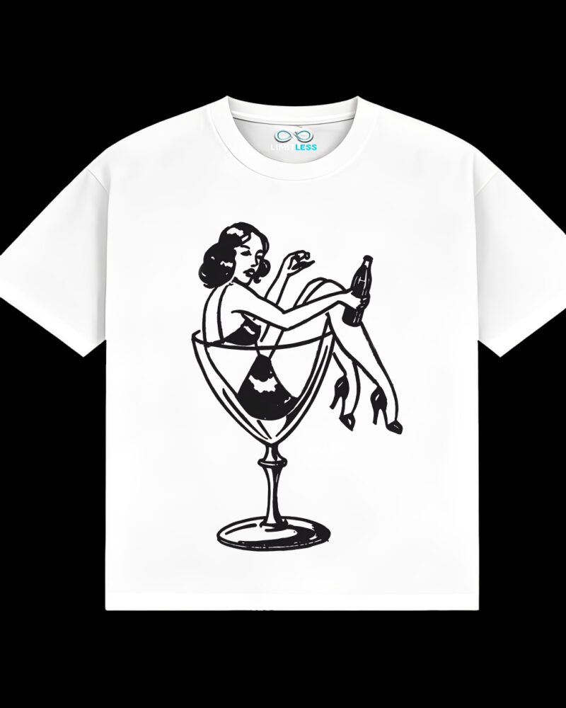 Unisex T-shirts with cocktail glass prints, retro casual style in black and white colorway