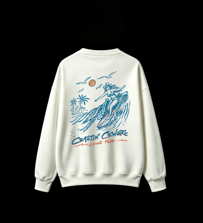 白卫 Coastin' Cowgirl Surfer Girl Retro Vintage Moon Palm Trees Wavy Text Crew Neck Sweatshirt