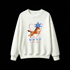 Whimsical Leaping Horse and Blue Star with Glowing Red Heart Outline "Love" Cursive Script Cozy Crew Neck Sweatshirt for Men Women