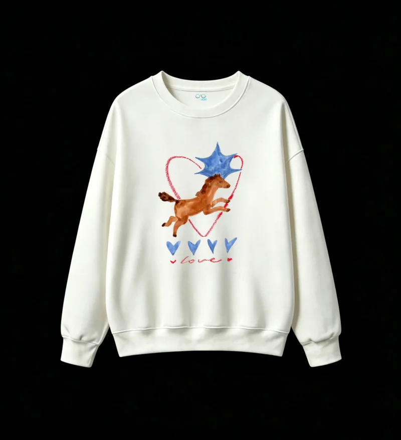 Whimsical Leaping Horse and Blue Star with Glowing Red Heart Outline "Love" Cursive Script Cozy Crew Neck Sweatshirt for Men Women