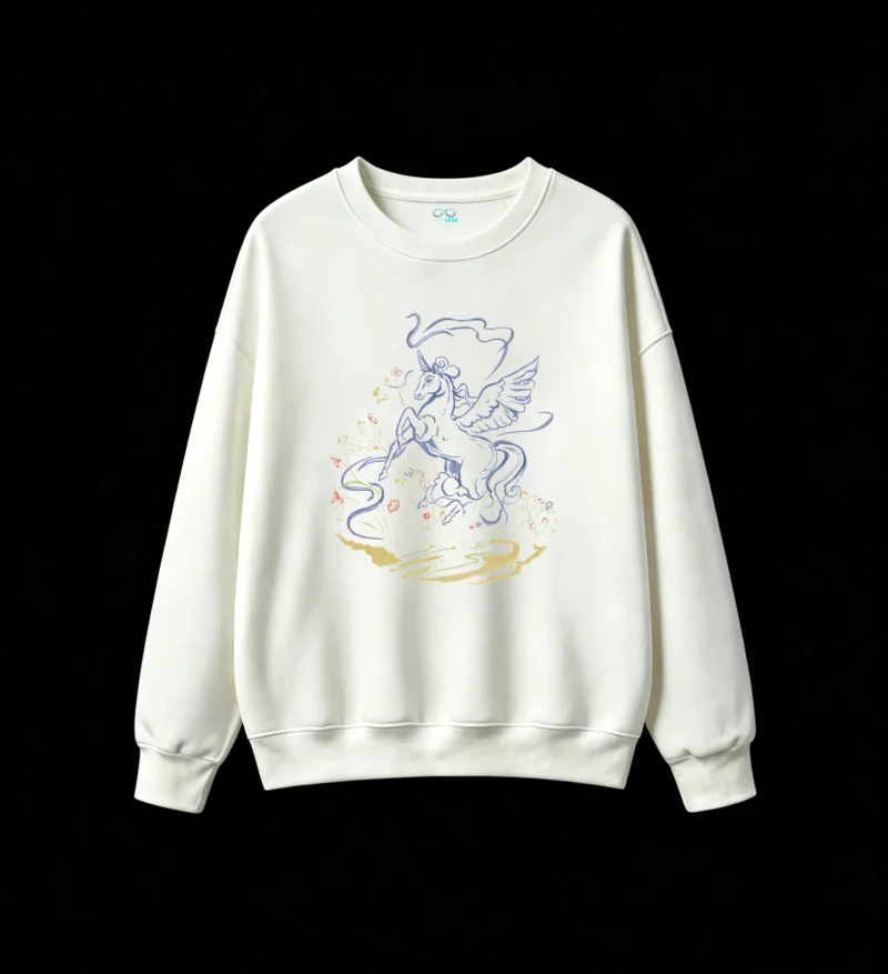 白卫正 Fantasy Mythical Winged Unicorn Horse with Colorful Flowers and Smoke Abstract Art Casual Crew Neck Sweatshirt