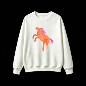 Whimsical Cartoon Orange Horse Rearing Up with Pink Mane and Tail Soft Cotton Unisex Hoodie