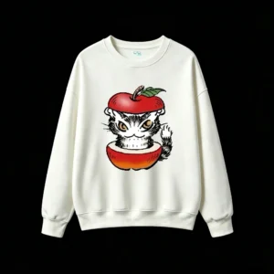 Cat Emerging from Sliced Red Apple with Black and White Striped Coat and Intense Yellow Eyes Funny Cartoon Graphic Hoodie,