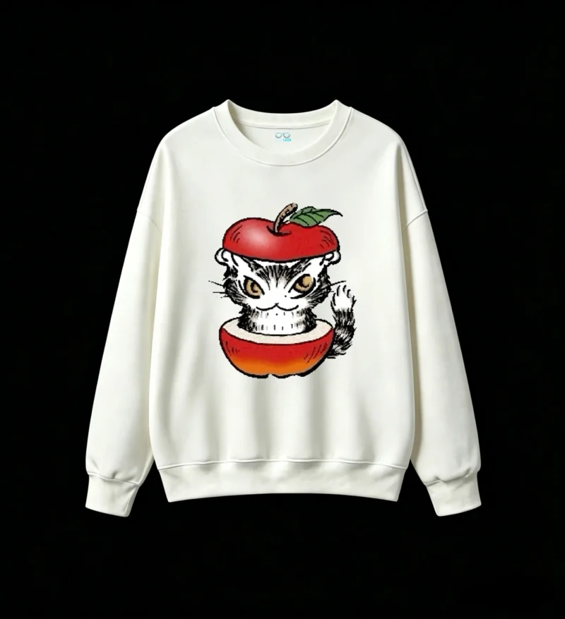 白卫正 Cat Emerging from Sliced Red Apple with Black and White Striped Coat and Intense Yellow Eyes Funny Cartoon Graphic Hoodie,