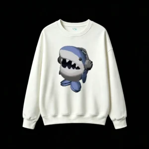 白卫正 Retro Pixel Blue Shark with Sharp Teeth and Gray Headphones Unisex Oversized Hoodie