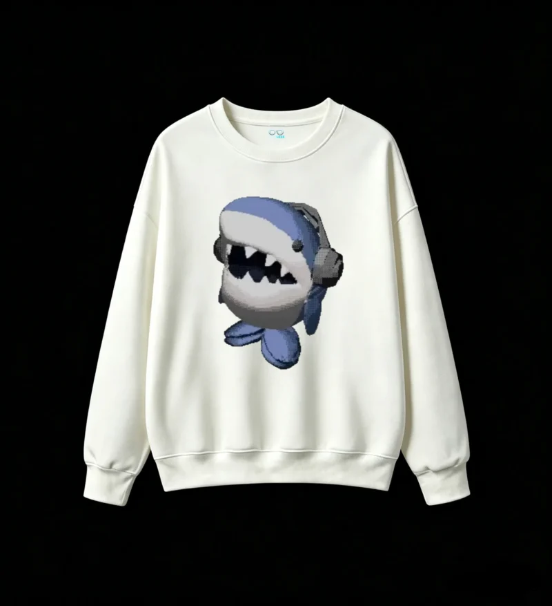 白卫正 Retro Pixel Blue Shark with Sharp Teeth and Gray Headphones Unisex Oversized Hoodie