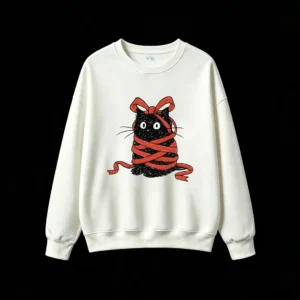 Whimsical Black Cat Wrapped in Red Yarn with Wide White Eyes and Startled Expression Textured Sketchy Storybook Style Unisex Hoodie