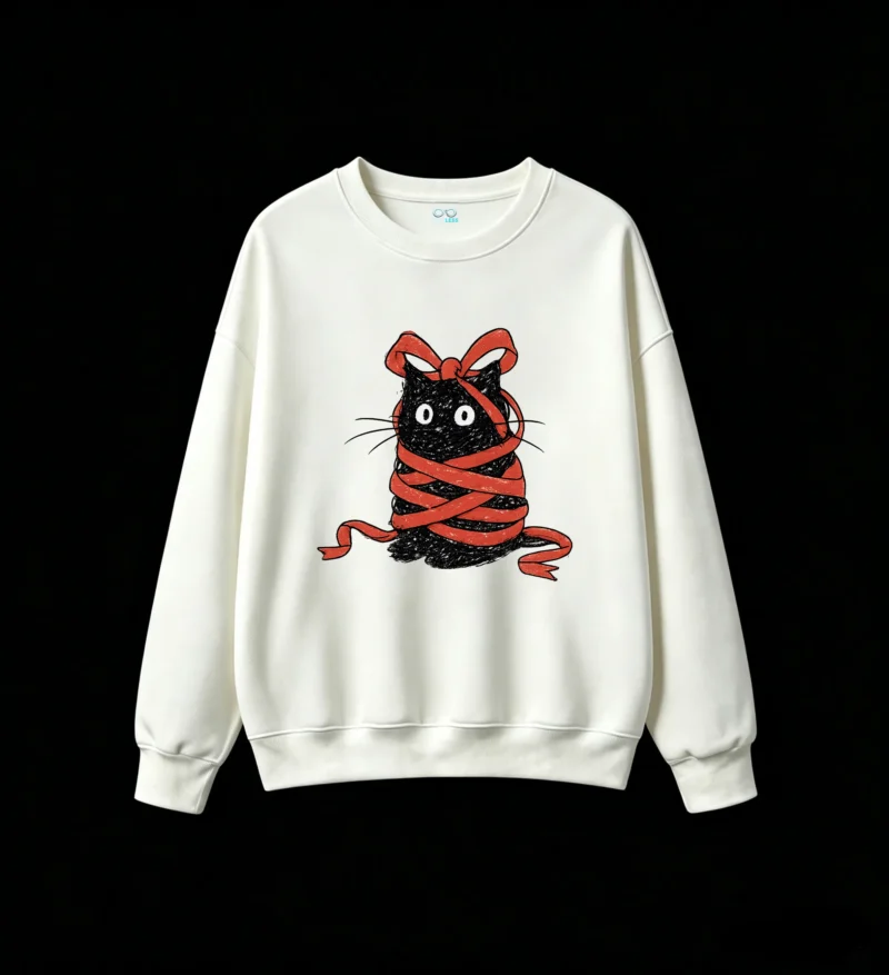 Sudadera con capucha unisex de estilo cuento infantil, con un diseño de trazo libre y textura, que representa a un gato negro de aspecto caprichoso envuelto en hilo rojo, con ojos blancos grandes y expresión de sorpresa