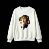 Pixelated Low-Resolution Beagle Puppy with Closed Eyes Wearing Silver and Black Over-Ear Headphones on Solid Black Background