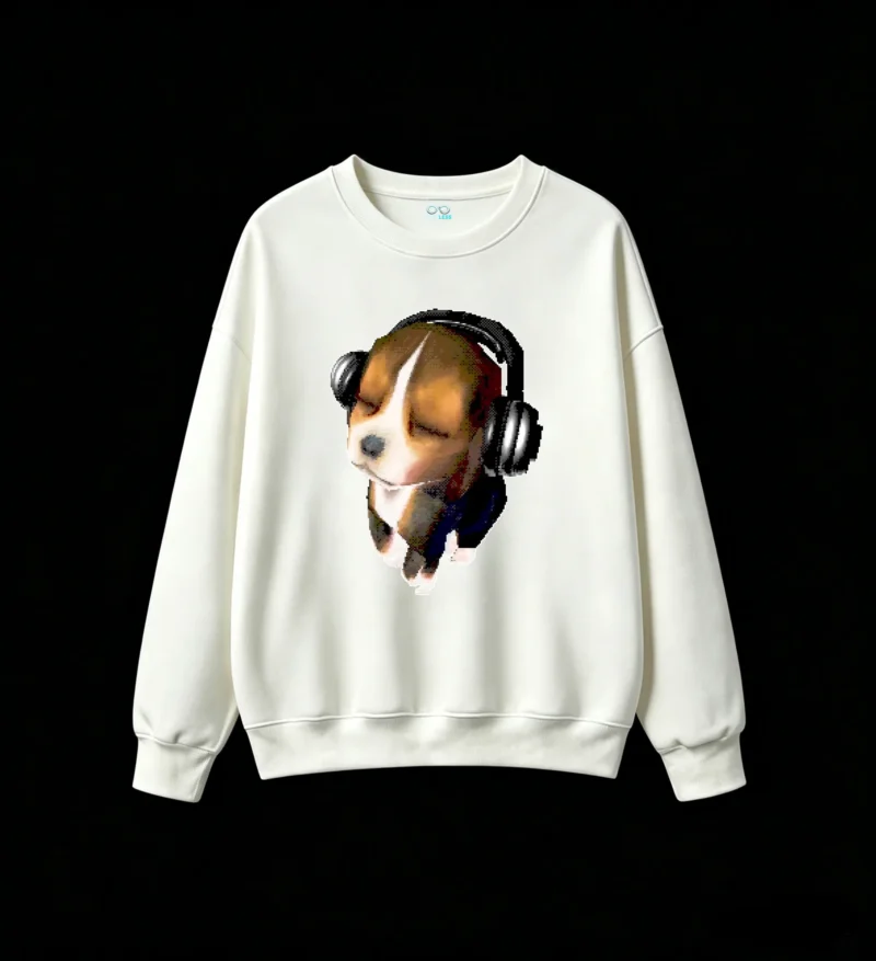 Pixelated Low-Resolution Beagle Puppy with Closed Eyes Wearing Silver and Black Over-Ear Headphones on Solid Black Background