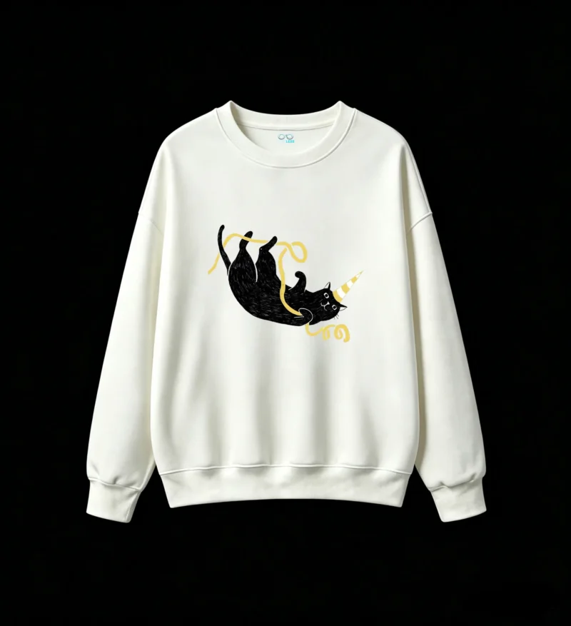 白卫正 Whimsical Black Cat with Unicorn Horn and Golden Ribbon Casual Oversized Hoodie