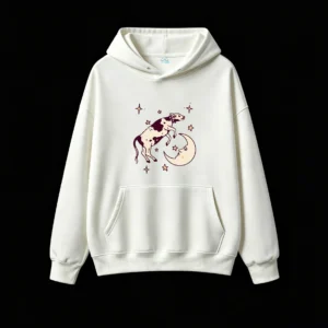 白卫正 Vintage Folk Art Dreamy Celestial Cow on Moon Sleeping Face Stars Black White Cream Purple Graphic Hoodie