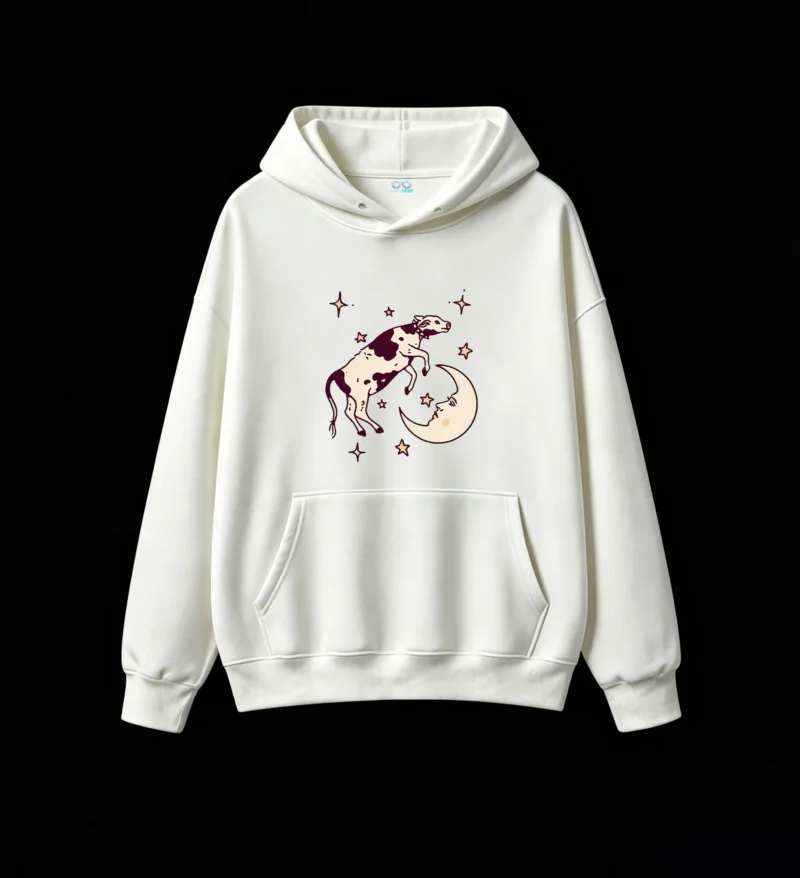 Vintage Folk Art Dreamy Celestial Cow on Moon Sleeping Face Stars Black White Cream Purple Graphic Hoodie