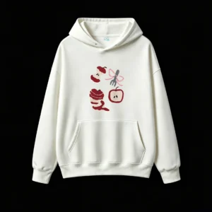 Cartoon Red Apple Core Fork Peeling Cross-Section Black Background Illustration - Unique Graphic Print Hoodie for Men Women