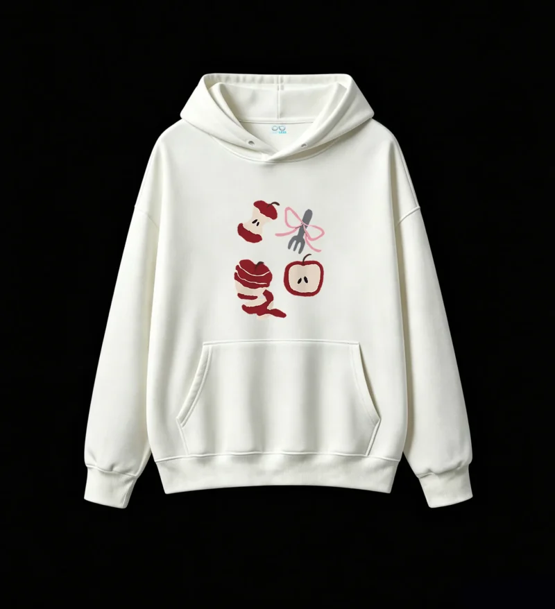 白卫正 Cartoon Red Apple Core Fork Peeling Cross-Section Black Background Illustration - Unique Graphic Print Hoodie for Men Women