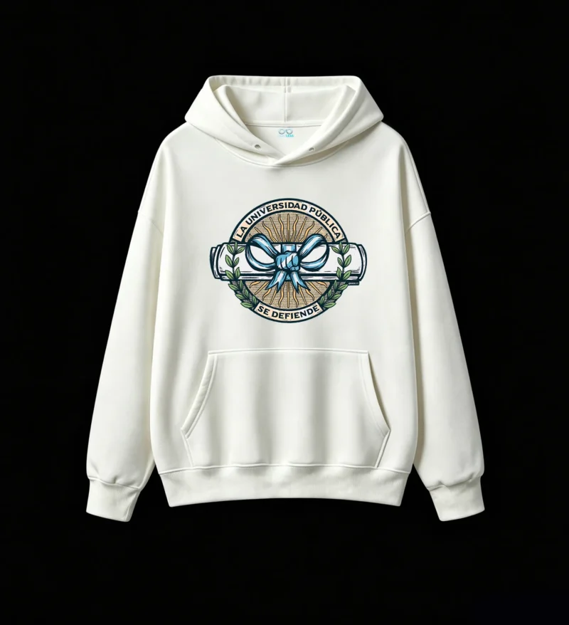 La Universidad Pública Se Defiende Vintage Woodcut Sunburst Blue Ribbon Diploma Laurel Hoodie