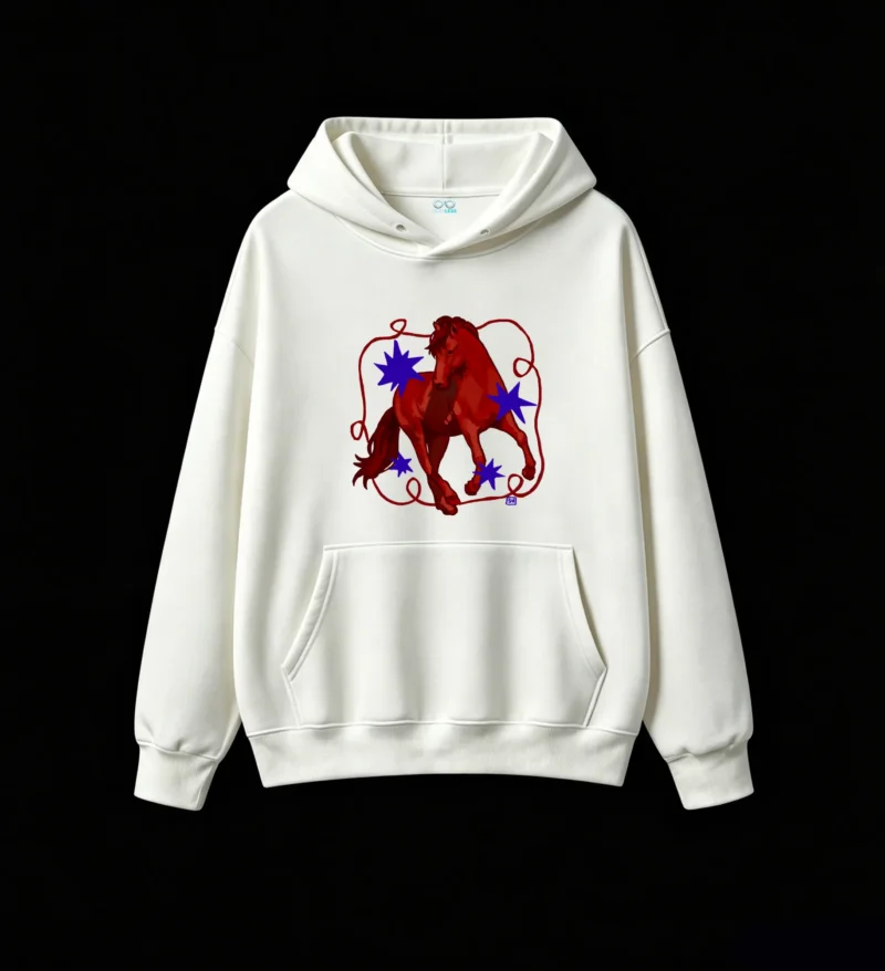 Stylized Red Horse with Blue Stars Abstract Art Hoodie