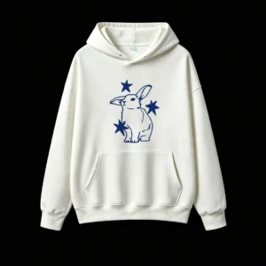 Stylized Blue Rabbit with Stars Outline Hoodie Minimalist Graphic Print Pullover