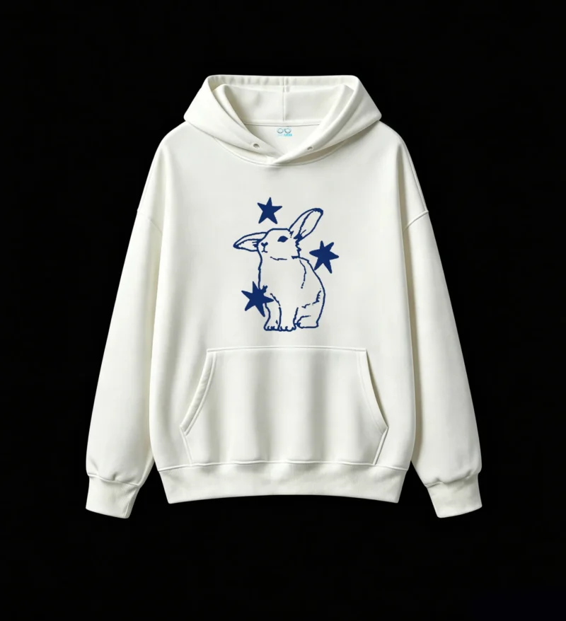 白卫正 Stylized Blue Rabbit with Stars Outline Hoodie Minimalist Graphic Print Pullover