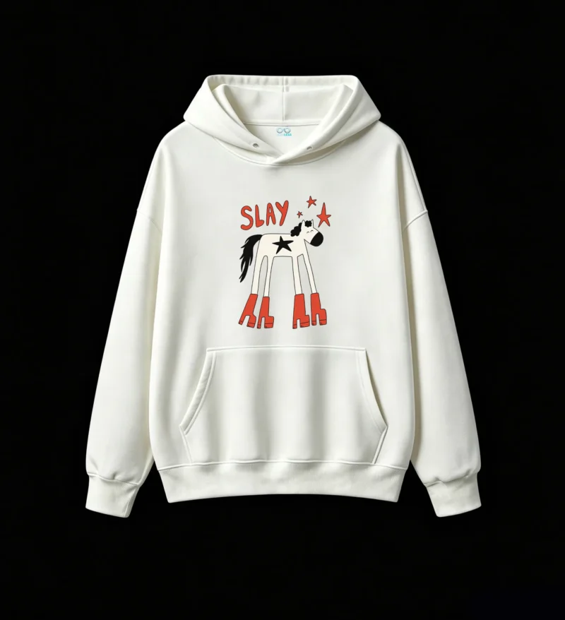 白卫正 SLAY Horse with Red Boots & Star Graphic Hoodie Fun Cartoon Style Pullover Sweatshirt