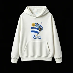 Vintage Sky Blue and White Striped Graphic Sweatshirt with Golden Sunburst Emblem, Soft Cotton Blend, Casual Streetwear for Football Fans - Perfect Gift for Uruguay Supporters