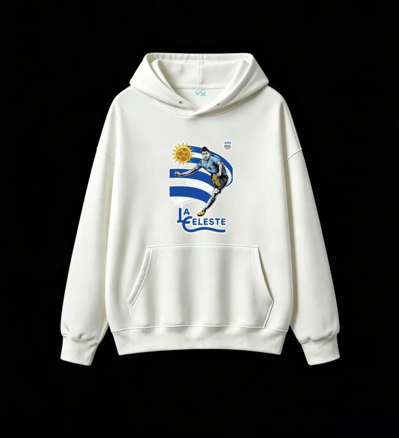 白卫正 Vintage Sky Blue and White Striped Graphic Sweatshirt with Golden Sunburst Emblem, Soft Cotton Blend, Casual Streetwear for Football Fans - Perfect Gift for Uruguay Supporters