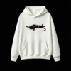 Whimsical Abstract Cat with Glowing Pink Outlines and Dual Curved Tails on Black Background - Premium Soft Cotton Hoodie