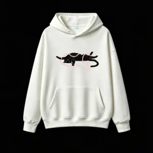 Whimsical Abstract Cat with Glowing Pink Outlines and Dual Curved Tails on Black Background - Premium Soft Cotton Hoodie