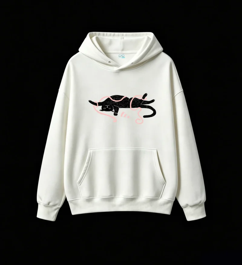 Whimsical Abstract Cat with Glowing Pink Outlines and Dual Curved Tails on Black Background - Premium Soft Cotton Hoodie
