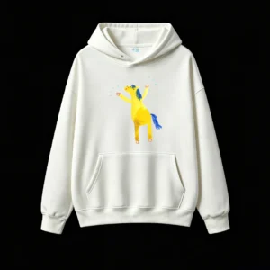 Whimsical Happy Yellow Horse with Blue Mane Dancing Cartoon Hoodie