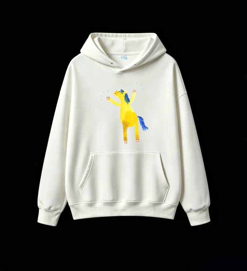 白卫正 Whimsical Happy Yellow Horse with Blue Mane Dancing Cartoon Hoodie