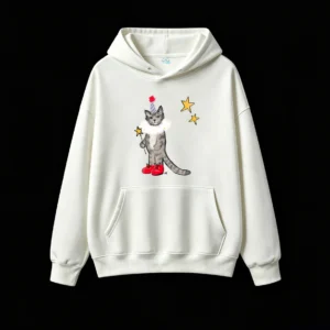 Whimsical Grey Tabby Cat Magician with Star Wand and Ruffled Collar - Cozy Oversized Hoodie for Cat Lovers