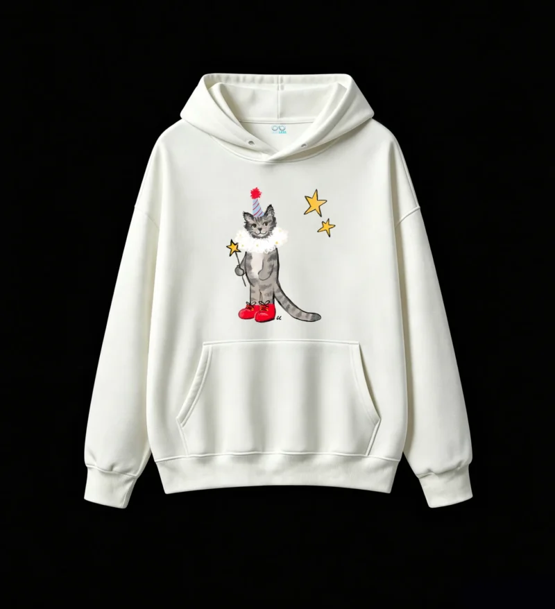 Whimsical Grey Tabby Cat Magician with Star Wand and Ruffled Collar - Cozy Oversized Hoodie for Cat Lovers